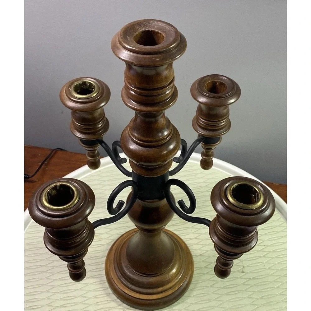 Vintage Wood&Black‎ Iron 5 Arm Candelabra CANDLE HOLDER Rustic Farmhouse 14